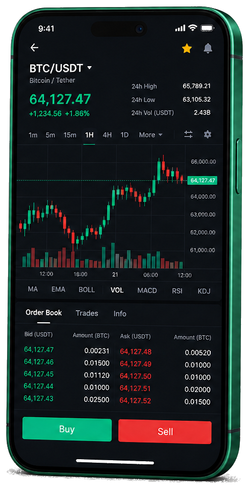Platforma Skarvexa na telefonie — wykres BTC/USDT na żywo, księga zleceń oraz panel transakcyjny